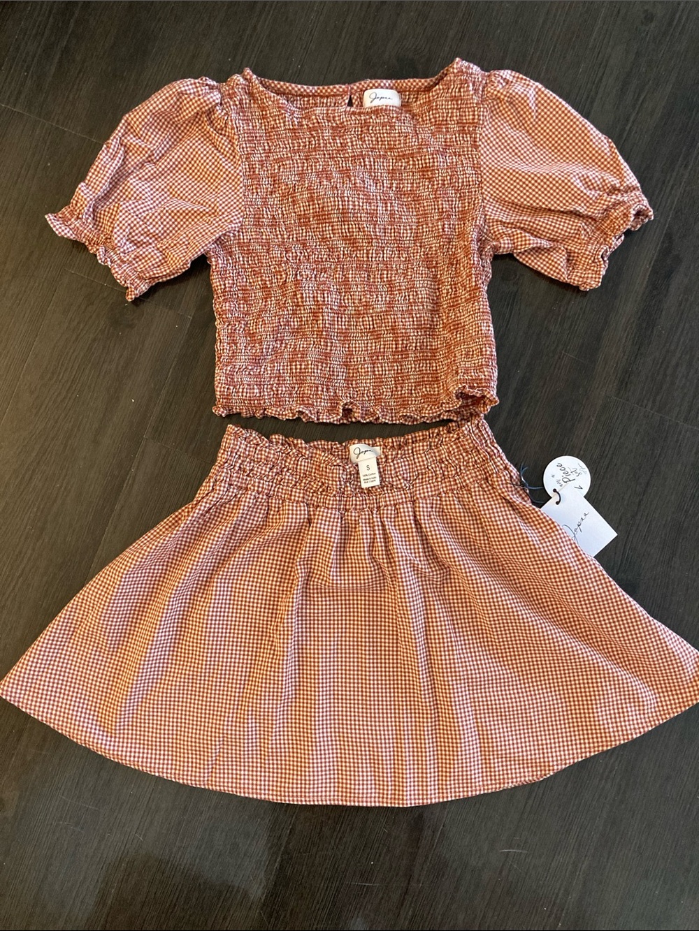 Japna Red Gingham Smocked Top & Skirt Set, size S